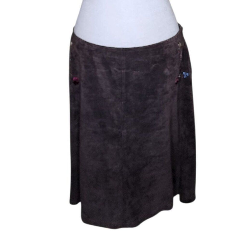 Vintage Y2K INC International Embroidered Suede A Line Skirt Womens 10 Brown